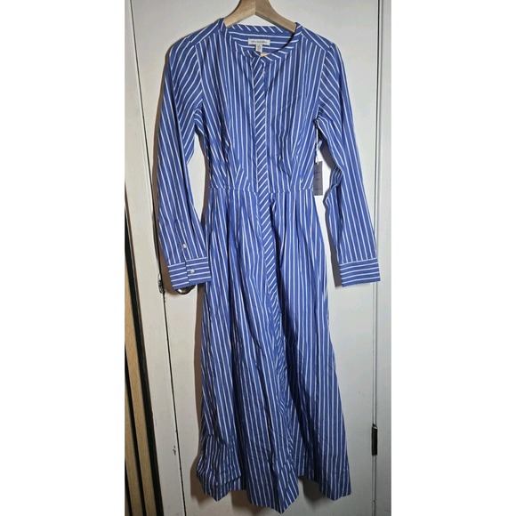 Free Assembly Dresses & Skirts - Free Assembly Sz Xs 0/2 Long Slv Pleated Blue White Midi Shirt Dress Belted NWT